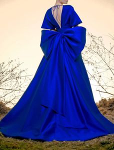 Kraliyet mavisi A-line gece elbisesi 2023 v Boyun kısa kollu saten ile Bow balo ile kadınlar için resmi parti önlük
