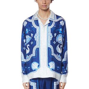23SS New Casablanca Hawaii Beach Shirt Men and Women Fashion Plat Uma sobremesa unissex Blue Twill Silk Shirt
