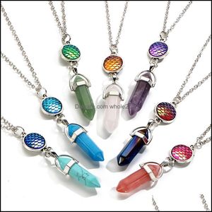 Pendant Necklaces Hexagonal Column Natural Stone With Fish Scale Chakra Necklace Crystal Quartz Charms Sier Chain Collana Colier Dro Dhvru