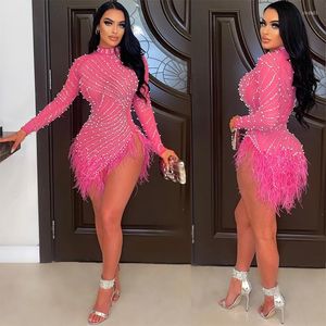 Party Dresses Sexy Dress Solid Color Fringe Feather Diamonds O Neck Long Sleeve Sexy Celebrity Mini Vestidos