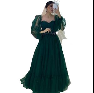 2023 Green Prom Dresses Sweetheart Neck Puffy Long Sleeves Fairy Tulle Formal Evening Gowns Night Party