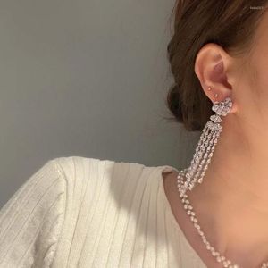 Stud Earrings Classic Crystal Flower Dangle Earring Long Tassel Design 925 Sterling Silver Water Drop Jewelry Female Zircon Pear Shape