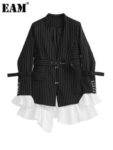 Women's Suits Blazers EAM Women Black Striped Pleated Elegant Blazer Vneck Long Sleeve Loose Fit Jacket Fashion Spring Autumn 2023 WD915 230228