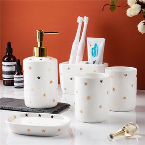 Set di accessori da bagno Accessori da bagno in ceramica Bicchiere autolavante Bottiglia di lozione Portasapone Portaspazzolino SZ-BA21021701