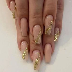 False Nails 24pcs Coffin Ballet Fake With Gilt Shimmering Powder Design Wearable Full Cover Jelly Nail Art Decoration