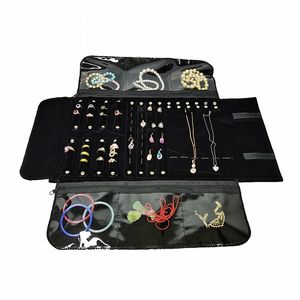 Bärbar svart sammet smycken förvaring rulla pack ringörhängen display halsband armband samling väska för reseutställning