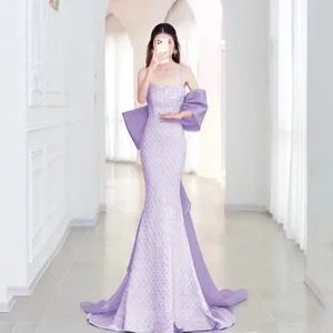 Purple Mermaid Evening Dresses Violet Tulle Long Spaghetti Strap Pleats Bow Tailing Formal Arabic Women Prom Party Gown High-end