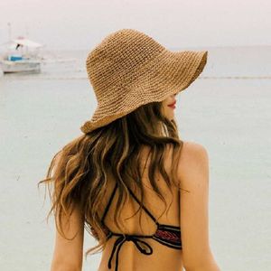 Szerokie brzegowe czapki letnia czapka dla kobiet słomka słoneczne czapki lady dziewczęta solidne kolor pana plażowy czapka filtra Składa się Składanie Chapeu G230227
