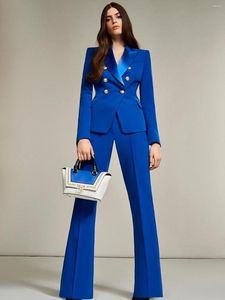 Kvinnors tvåstycksbyxor Royal Blue Business Women Suits Set Double Breasted Blazer Slim Montered Jackor Wide Leg Office Lady Wear