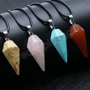 Natural Stone Gemstone Rose Quartz Picture Hexagonal Cone Pendulum Vintage Pendant Necklace for Women Size 14.5x30mm