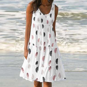 Summer Dress Womens Sleeveless Boho Sundress Round Neck Feather Print Dress Swing T-shirts Tankklänningar Beach Cover Up Vestidos