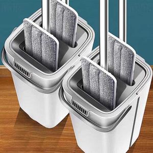 Mops Home Mop Cleaning with Bucket for Wash Floor Self Water Magic Broom Kitchen Head Dust Spin Rotating Hand Brooms Flat White Set Z0601