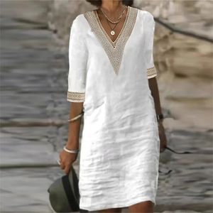 Grundläggande avslappnade klänningar Spring Stand-up Collar Button Cotton Dresses Women Casual Linen Solid Color Mid-Sleeve Dress Retro Summer Lady Office Mini Dress 230531