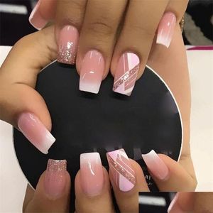 Falsche Nägel 24 stücke Kurzer Sarg Nude Pink Design Künstliche Ballerina Fake mit Kleber Fl Er Nagelspitzen Drücken Sie auf 220708 Drop Lieferung He Dhfni