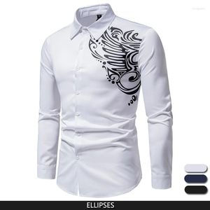 Men's Casual Shirts White Shirt Men Trendy Tattoo Print Men's Long Sleeve Fashion Dress Camisas De Hombre