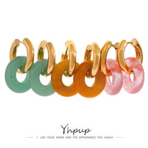 Hoop Huggie Yhpup Natural Stone Green Aventurine Round Hoop Earrings Fashion Stainless Steel Yellow Red Golden bijoux acier inoxidable femme 230531