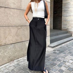 Spódnica Kobiety Sprężyna długa czarna spódnica Vintage High Walisted Casual Side Split Pencil Cotton Silk Spirt Dress Femme Faldas 2023