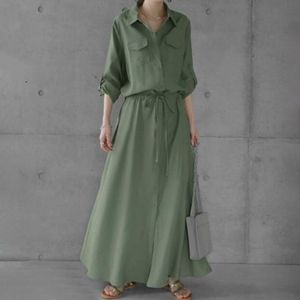 Women's V-Neck Shirt Dress Solid Color Button-Down Knee-Length Summer Dress Cardigan with Drawstring Waist A-Line Robe Femme