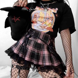 Vestidos de alta cintura mini gótico emo Saias de mulher y2k estético renda vintage renda de retalhos saia xadrez gótico Tirada escura