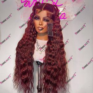 Full Lace Wig Remy Peruvian Burgundy Deep Wave Human Hair 360 Lace Frontal Wig High Ponytail 200 Density Glueless Lace Front Wig for Black Women