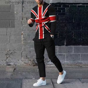 Fatos de treino masculinos 2023 Moda Estilo Britânico Impressão 3D Union Jack Manga curta + Shorts Conjunto de duas peças Conjunto de camisetas casuais soltas T230601