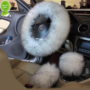 New 3pcs/set Winter Wool Car Steering Wheel Cover Long Australian Wool Heated Fur Steering Wheel Cover Handbrake Gear Shifter Cover