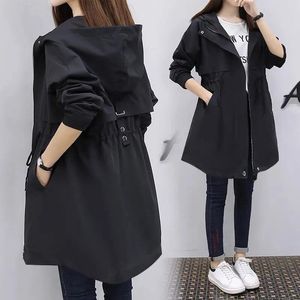 Trench 2023 New Spring Autumn Women Jacket Hooded Capaced Curto Windbreaker Feminino Basic Coats Basa Longa Zipper Longo Outwear Tops