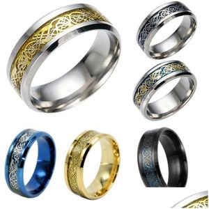 Полосы кольца из нержавеющей стали Sier Gold Dragon Design Finger Ring китайский для женщин, влюбленные мужчины, бросают 7 ювелирных изделий Dhkmy