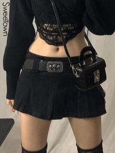 Vestidos Sweetown Goth Preto Denim Micro Mini Shorts Saia Cintura Baixa Y2K Grunge Saias Mulheres 2022 Primavera Coreano Moda Branco Jean Saia