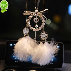 Novo pingente de carro de pérola de cristal criativo lindo apanhador de sonhos borlas pena espelho retrovisor ornamento conjunto de strass acessórios para carro