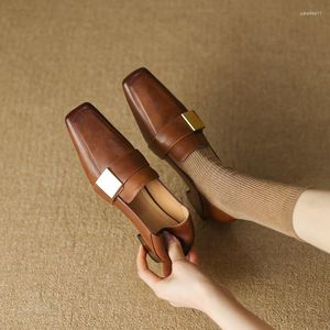 Dress Shoes 2023 Spring Women Pumps Natural Leather 22-24.5cm Cowhide Pigskin Full Square Toe Metal Buckle Loafers