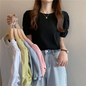 Camisetas elegantes de manga curta puff para mulher aimple oneck verão topos femme doce cor todos os jogos t senhora do escritório 2023