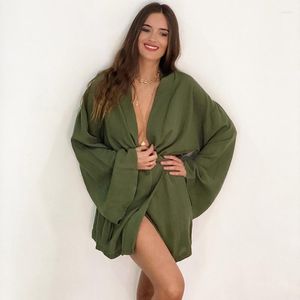 Costumi da bagno da donna Abito da spiaggia per donna 2023 Costumi da bagno Copricostume Estate Abito di seta Manica lunga Pigiama corto allentato Accappatoio per la casa Solido