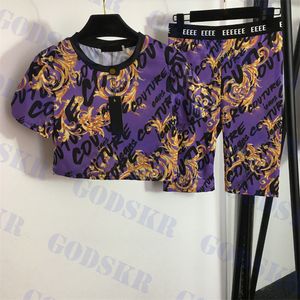 パープルビンテージトラックスーツレタープリントTシャツレディスエラスティックショーツクロップドトップハイウエストパンツ2ピースセット