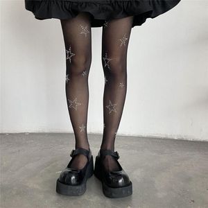 Women Socks High Elasticity See-through High-Waist Pantyhose Sexy Rhinestone Star Pattern Stockings White Stocking Tights