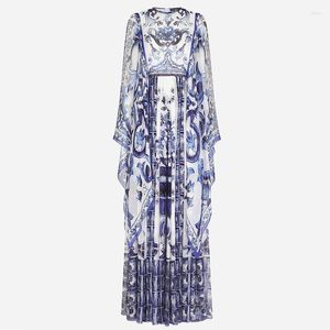 Casual Dresses Runway Celebrities Blue White Porcelain Women Maxi Chiffon Dress Long Sleeve Summer Autumn Outfits