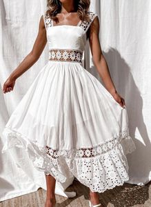 Vestidos Casuais Básicos Vestido Feminino Branco Oco Algodão Vestido de Verão Renda Sem Manga Comprido Emendas Longas Festa de Verão Roupas de Saia Mulher Elegante Noite 230531