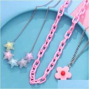 Pendant Necklaces 3Pcs/Set Necklace For Women Pink Flower Stars Link Chain Statement Collars Party Jewelry Gift Drop Delivery Pendant Dhi7D