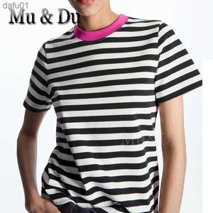 Mu Du 2023 Summer Fashion Slim Basic T-Shirt Women's Solid/Stripe Cotton Round Neck Short Sleeve Tops Female Y2K Tees Ropa Mujer L230520