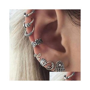 Stud 8Pc/Set Bohemia Earrings Moon Sun Hand Design Ear For Women Antique Cuff Bone Piercing Drop Delivery Jewelry Dh5G3