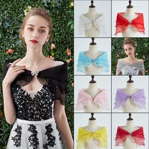 Scarves Women Vintage Layered Gauze Shawl Wrap Rhinestone Buckle Front Wedding Dress Cover Up Sexy Off Shoulder Ruffles