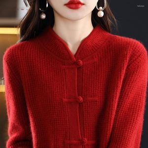 Kvinnors jackor merino ull kvinnors spänne kinesisk stil kashmir cardigan höst vinter varm fast färgjacka