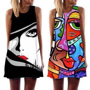 Basic Casual Dresses Summer Women Vest Dress Abstract Face Art Printed O-Neck Sleeveless Mini Dress Casual Loose Sweet A-Line Sundress Vestidos 230531