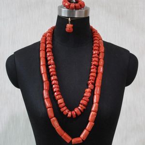 Necklace Earrings Set Wedding Nigeria 2 Layers 13mm 32 Inches African Beads Bridal Jewelry Orange Real Coral 2023