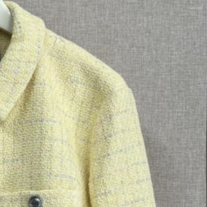 Pantaloni a due pezzi da donna 2023 Tweed giallo chiaro manica lunga risvolto cappotto corto gilet pantaloni tuta da donna