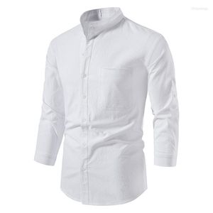 Camisas casuais masculinas Camisa branca de linho de algodão masculina 2023 marca slim fit manga longa masculina Henley Business vestido de botões masculino