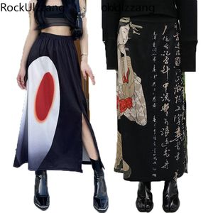 Kleider High Split Maxi Langer schwarzer Rock elastische Taille Midi -Röcke Haruku Gothic Japaner Brief Grunge Punk Y2K Street Hippie Vintage