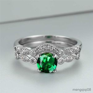 Bandringar Green Zircon Round Double Ring Dainty Crystal Female Wedding Set Silver Color Bridal Set for Women Jewelry