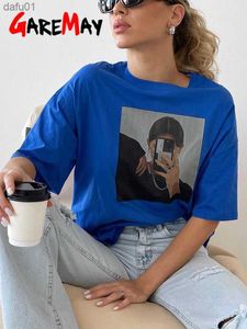 Women's Cotton T-shirt with Print Basic Tee Casual Loose Oversized T-shirt Vintage Short Sleeve Solid Soft Women Summer Top 2023 L230520