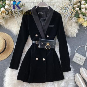 Vestidos casuales Traje negro Vestido Chaqueta Mujer Moda Riñonera Decoración Cuello en V Doble Botonadura Terciopelo Señoras Otoño Invierno Fiesta